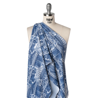 Stretch Econyl Nylon Jersey Print by The Reformation - Denim Blue and White Traditional Roman Architecture Illustration - Deadstock