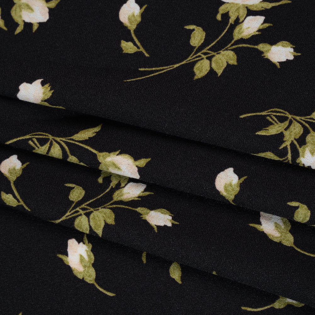 Sustainable Viscose Crepe Print - Light Pale Pink, Moss Green and Black Rose Floral - Designer Deadstock - Folded