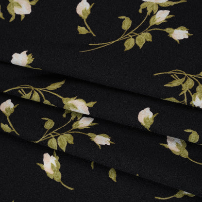 Sustainable Viscose Crepe Print - Light Pale Pink, Moss Green and Black Rose Floral - Designer Deadstock