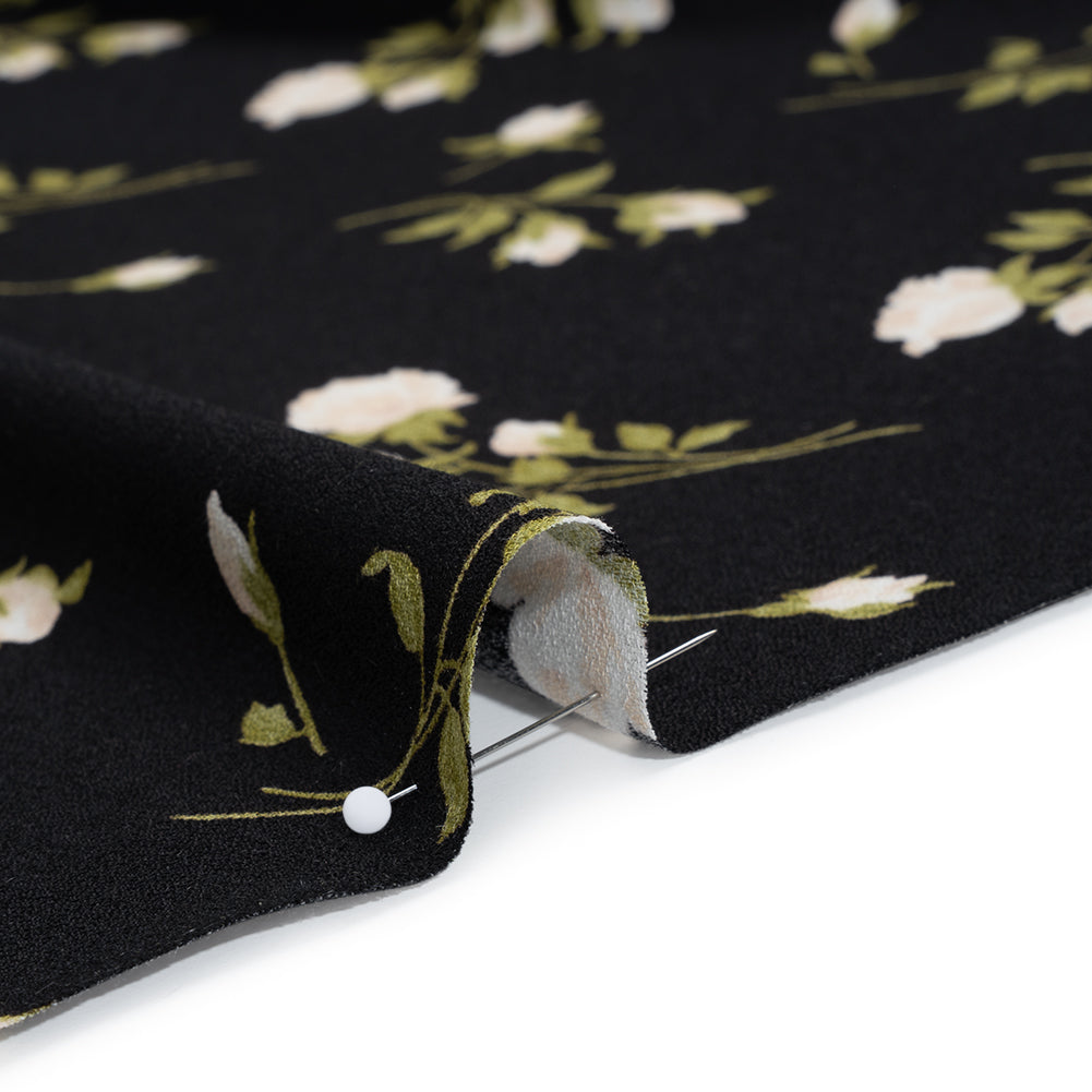 Sustainable Viscose Crepe Print - Light Pale Pink, Moss Green and Black Rose Floral - Designer Deadstock - Detail