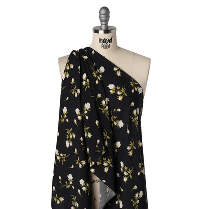 Sustainable Viscose Crepe Print - Light Pale Pink, Moss Green and Black Rose Floral - Designer Deadstock