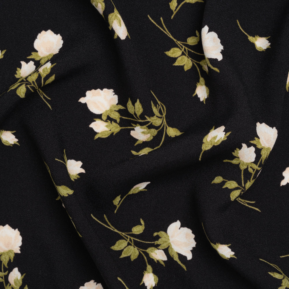 Sustainable Viscose Crepe Print - Light Pale Pink, Moss Green and Black Rose Floral - Designer Deadstock