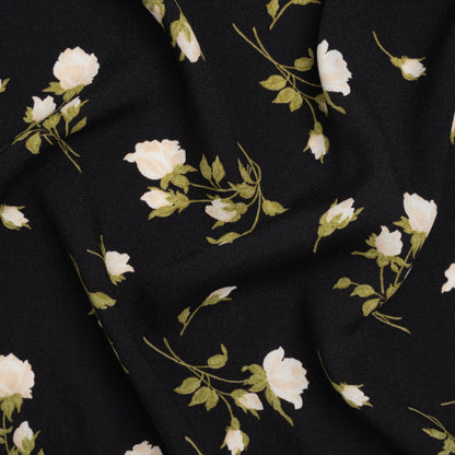 Sustainable Viscose Crepe Print - Light Pale Pink, Moss Green and Black Rose Floral - Designer Deadstock
