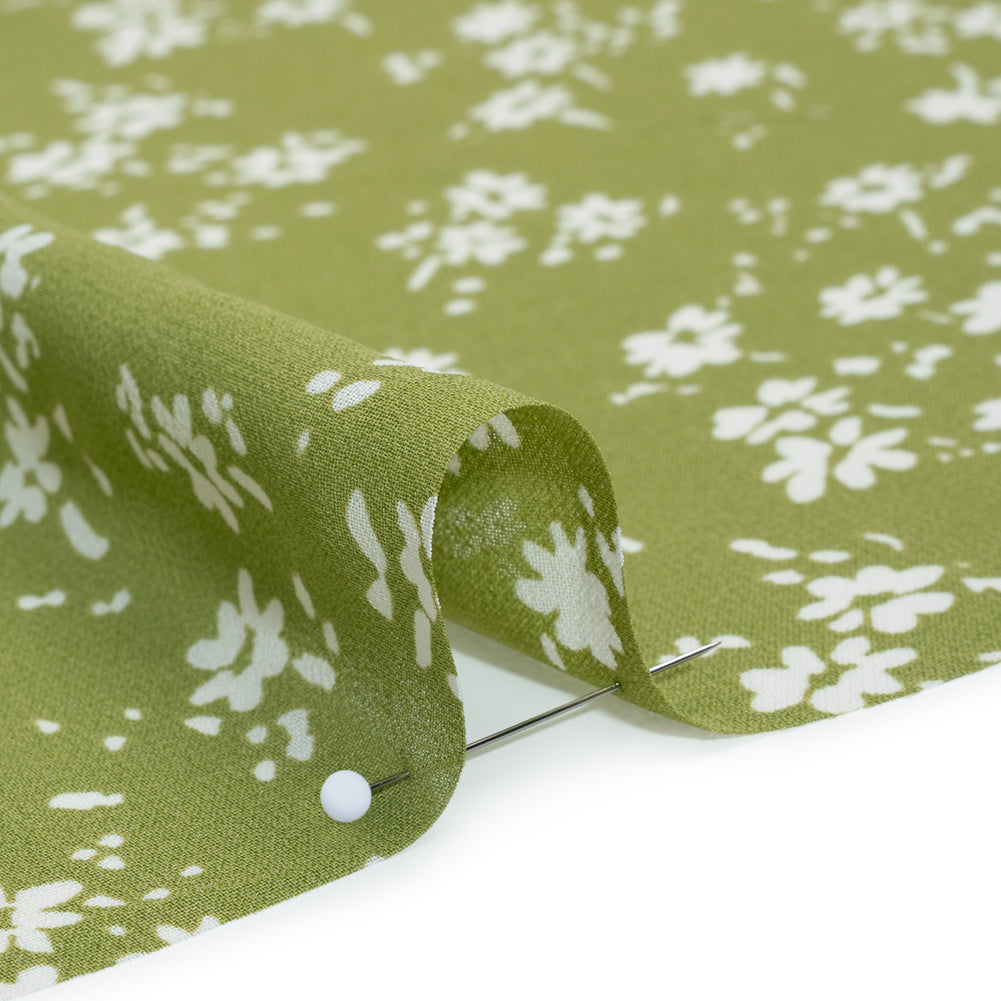 Viscose Georgette Print by The Reformation - Olive Green and White Painterly Abstract Floral - Deadstock - Detail