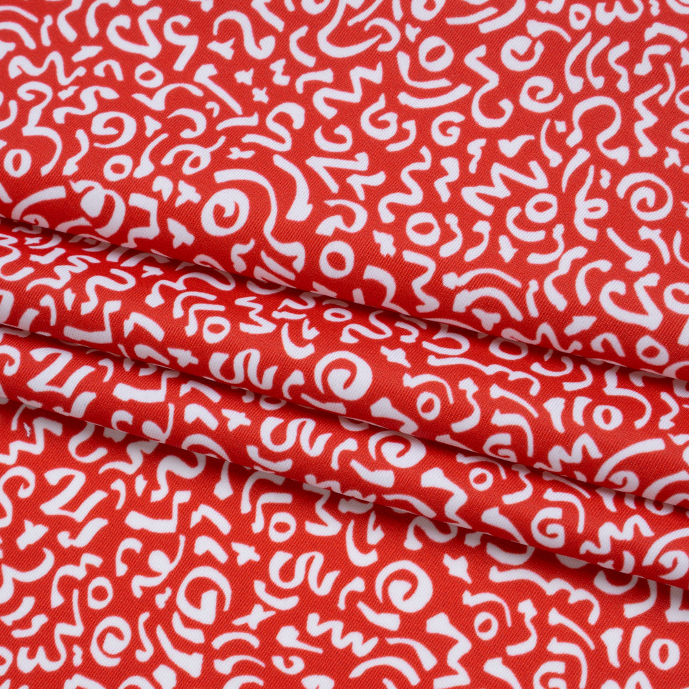 Stretch Econyl Nylon Jersey Print - Vivid Red and White Doodle Illustration - Designer Deadstock - Folded