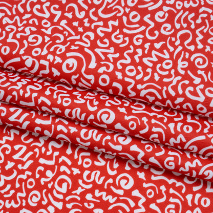 Stretch Econyl Nylon Jersey Print - Vivid Red and White Doodle Illustration - Designer Deadstock