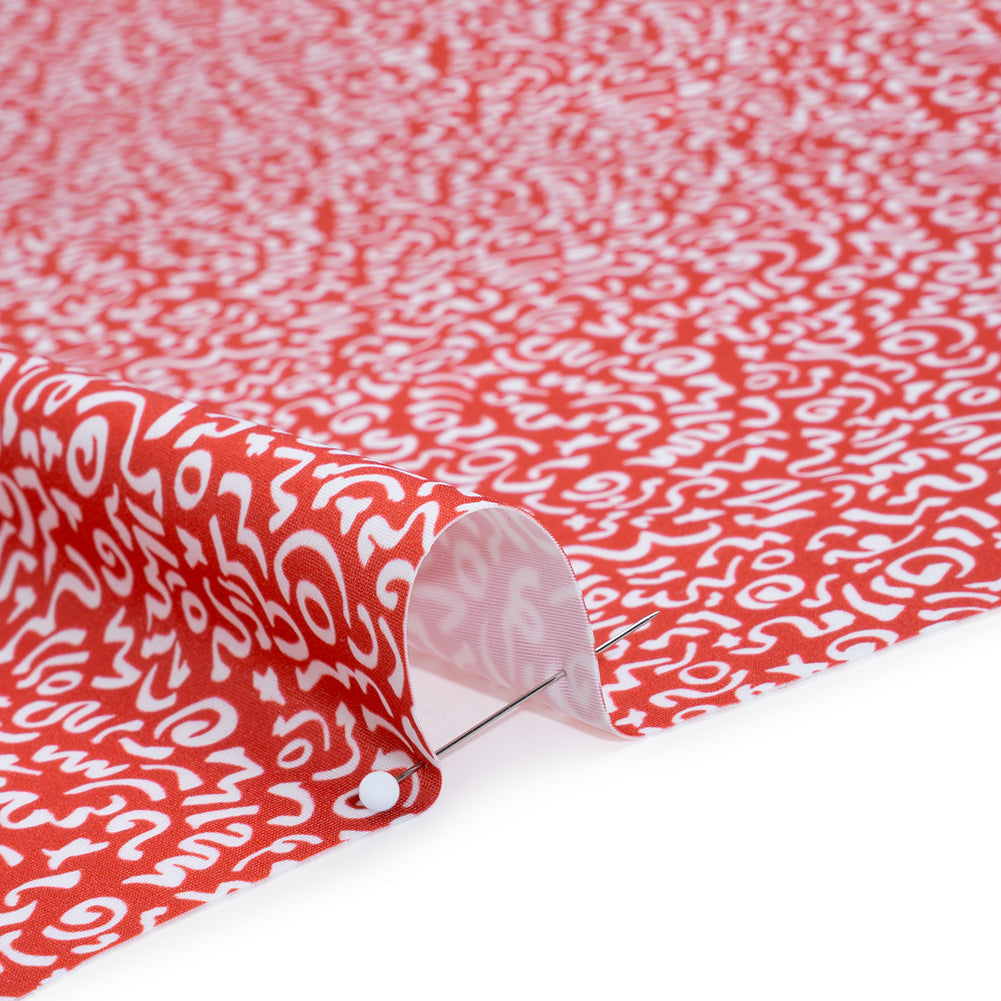 Stretch Econyl Nylon Jersey Print - Vivid Red and White Doodle Illustration - Designer Deadstock - Detail