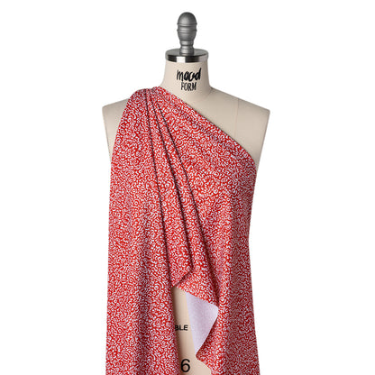 Stretch Econyl Nylon Jersey Print - Vivid Red and White Doodle Illustration - Designer Deadstock