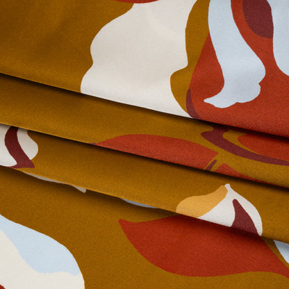 Silk Charmeuse Print - Sepia Brown, Ruby Red and Baby Blue Abstract Floral - Deadstock