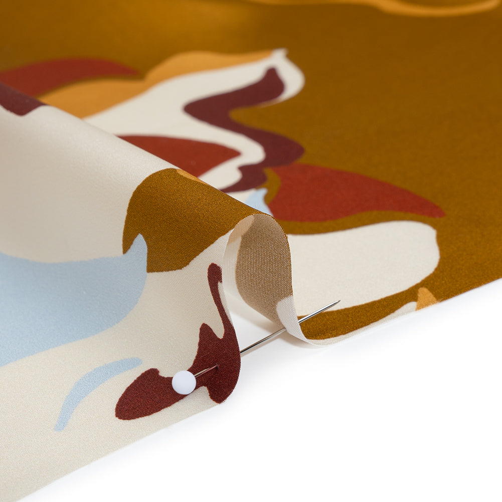 Silk Charmeuse Print - Sepia Brown, Ruby Red and Baby Blue Abstract Floral - Deadstock - Detail