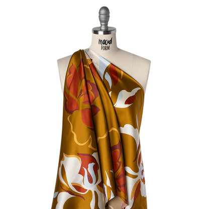 Silk Charmeuse Print - Sepia Brown, Ruby Red and Baby Blue Abstract Floral - Deadstock