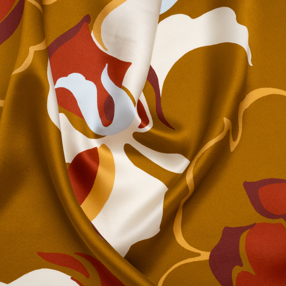Silk Charmeuse Print - Sepia Brown, Ruby Red and Baby Blue Abstract Floral - Deadstock