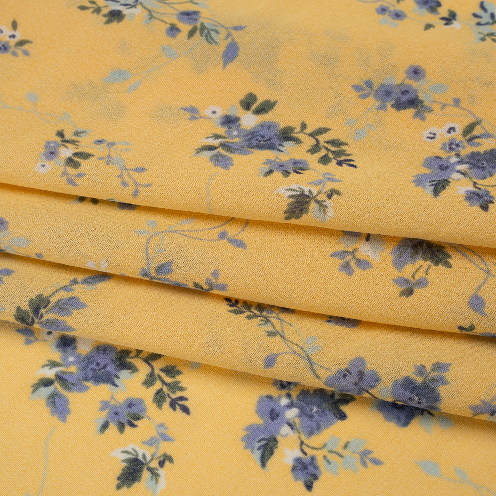 Viscose Georgette Print - Lilac Blue and Sunshine Yellow Floral - Designer Deadstock - Folded