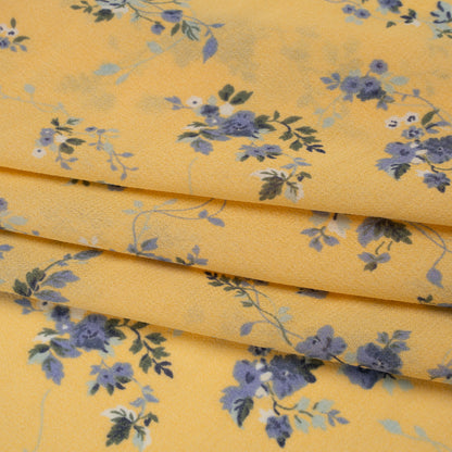 Viscose Georgette Print - Lilac Blue and Sunshine Yellow Floral - Designer Deadstock