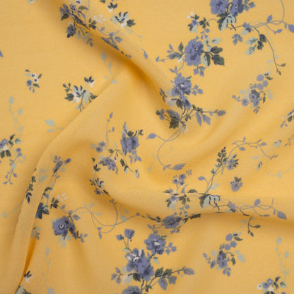 Viscose Georgette Print - Lilac Blue and Sunshine Yellow Floral - Designer Deadstock
