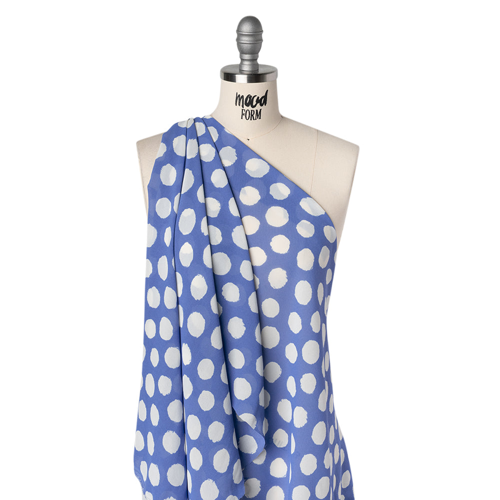 Viscose Georgette Print - Periwinkle Blue and White Uneven Polka Dots - Designer Deadstock - Drape