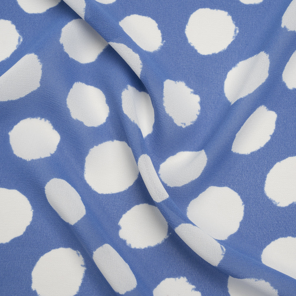 Viscose Georgette Print - Periwinkle Blue and White Uneven Polka Dots - Designer Deadstock