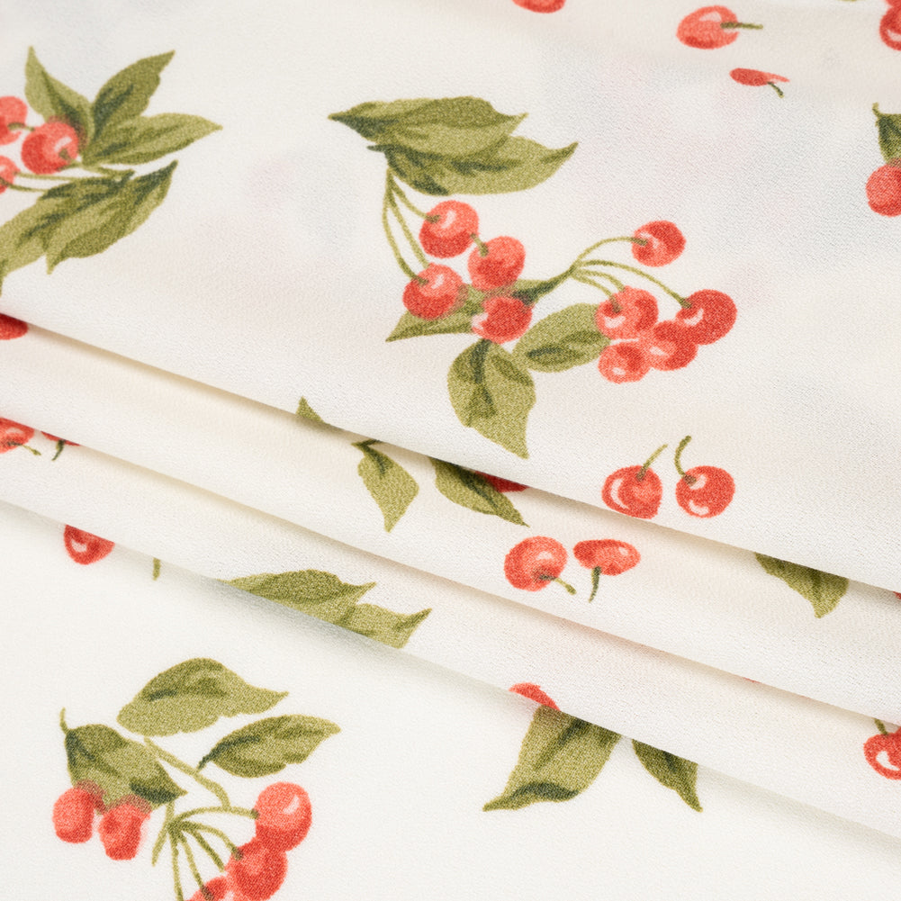 Sustainable Viscose Crepe Print - Soft Red, Moss Green and Light Cream Cherries Illustration - Designer Deadstock - Folded