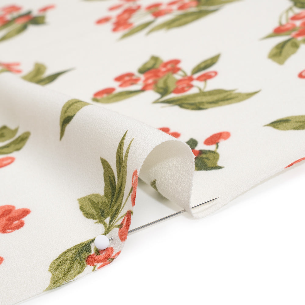 Sustainable Viscose Crepe Print - Soft Red, Moss Green and Light Cream Cherries Illustration - Designer Deadstock - Detail