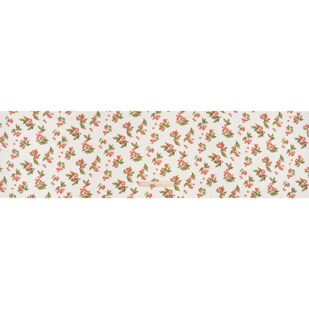 Sustainable Viscose Crepe Print - Soft Red, Moss Green and Light Cream Cherries Illustration - Designer Deadstock - Full