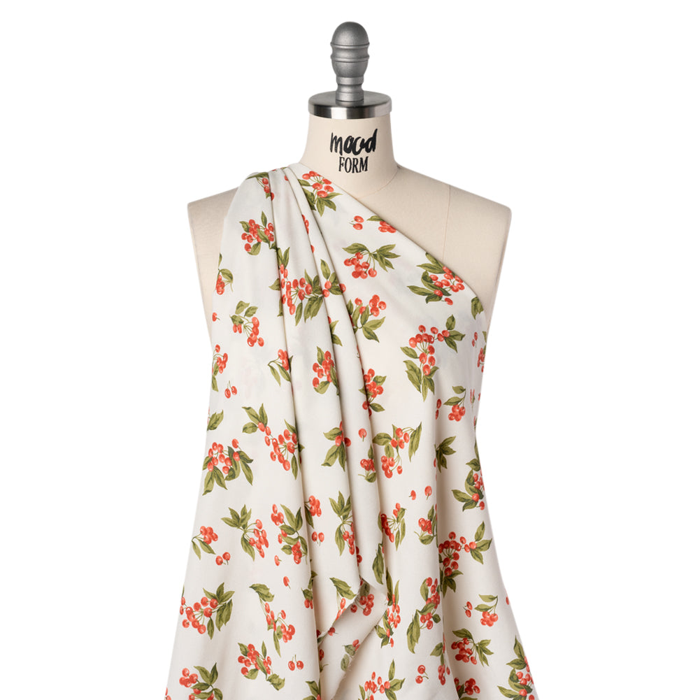 Sustainable Viscose Crepe Print - Soft Red, Moss Green and Light Cream Cherries Illustration - Designer Deadstock - Drape