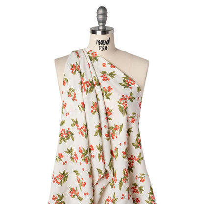 Sustainable Viscose Crepe Print - Soft Red, Moss Green and Light Cream Cherries Illustration - Designer Deadstock