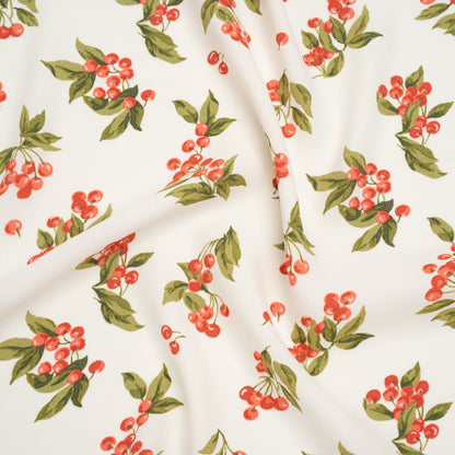 Sustainable Viscose Crepe Print - Soft Red, Moss Green and Light Cream Cherries Illustration - Designer Deadstock