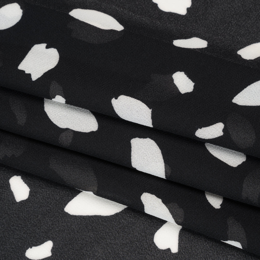 Viscose Georgette Print - Black and Dove White Painterly Brush Strokes - Designer Deadstock - Folded