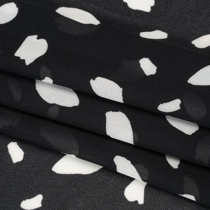 Viscose Georgette Print - Black and Dove White Painterly Brush Strokes - Designer Deadstock