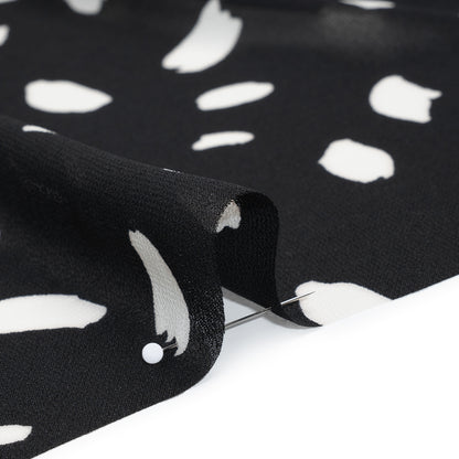 Viscose Georgette Print - Black and Dove White Painterly Brush Strokes - Designer Deadstock