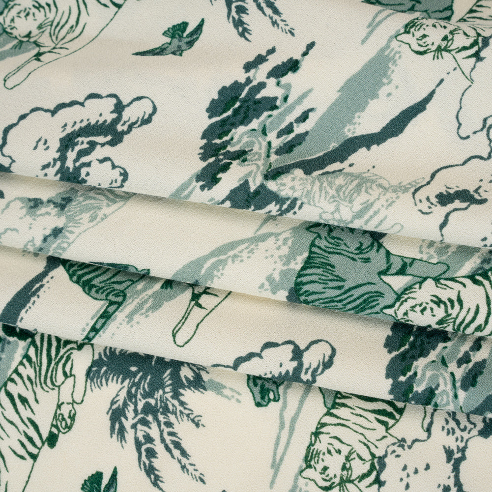Sustainable Viscose Crepe Print - Green and Cream Tigers in Nature Illustration - Designer Deadstock - Folded