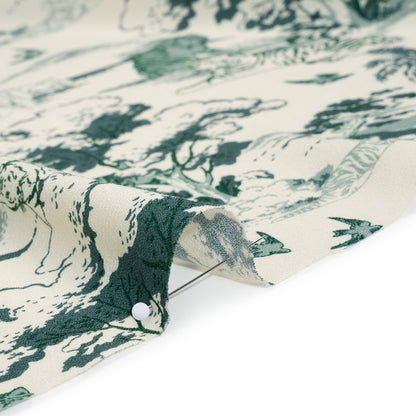 Sustainable Viscose Crepe Print - Green and Cream Tigers in Nature Illustration - Designer Deadstock