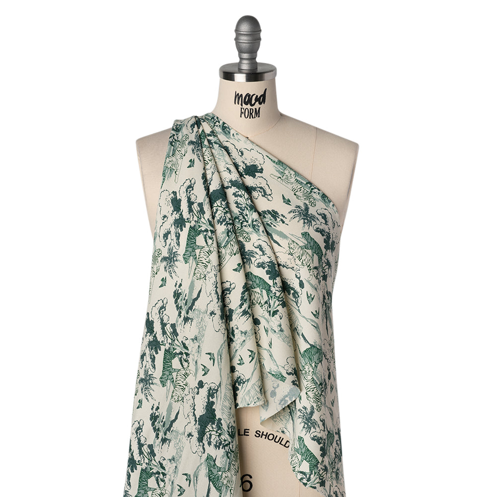 Sustainable Viscose Crepe Print - Green and Cream Tigers in Nature Illustration - Designer Deadstock - Drape