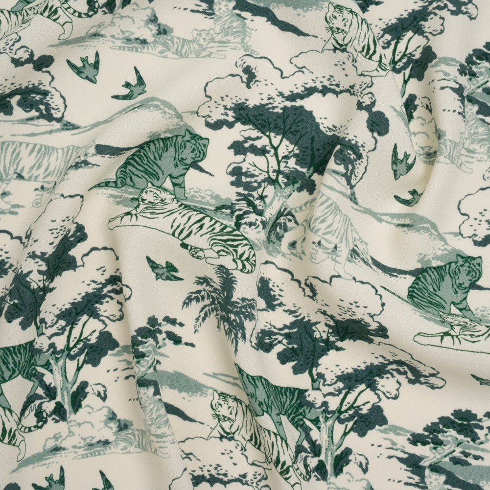 Sustainable Viscose Crepe Print - Green and Cream Tigers in Nature Illustration - Designer Deadstock