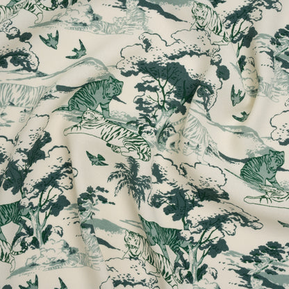 Sustainable Viscose Crepe Print - Green and Cream Tigers in Nature Illustration - Designer Deadstock