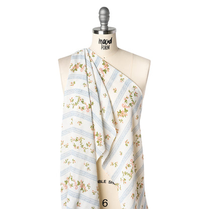Viscose Georgette Print - Carnation Pink, Autumn Green and Powder Blue Floral and Stripes - Designer Deadstock
