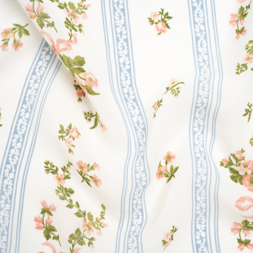 Viscose Georgette Print - Carnation Pink, Autumn Green and Powder Blue Floral and Stripes - Designer Deadstock