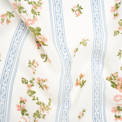 Viscose Georgette Print - Carnation Pink, Autumn Green and Powder Blue Floral and Stripes - Designer Deadstock