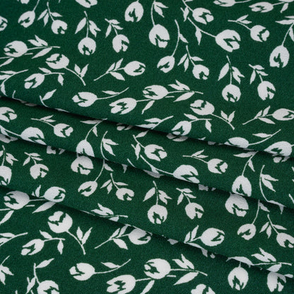 Sustainable Viscose Crepe Print - Forest Green and White Wispy Floral - Designer Deadstock