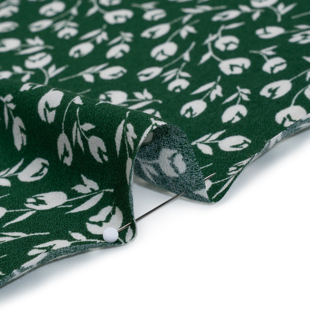 Sustainable Viscose Crepe Print - Forest Green and White Wispy Floral - Designer Deadstock - Detail