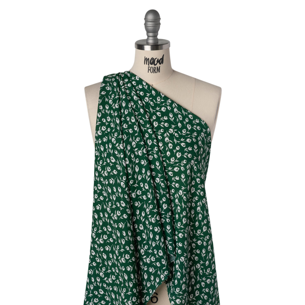 Sustainable Viscose Crepe Print - Forest Green and White Wispy Floral - Designer Deadstock - Drape