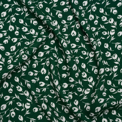 Sustainable Viscose Crepe Print - Forest Green and White Wispy Floral - Designer Deadstock