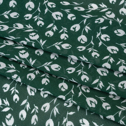 Viscose Georgette Print by The Reformation - Forest Green and White Tulip Floral Illustration - Deadstock