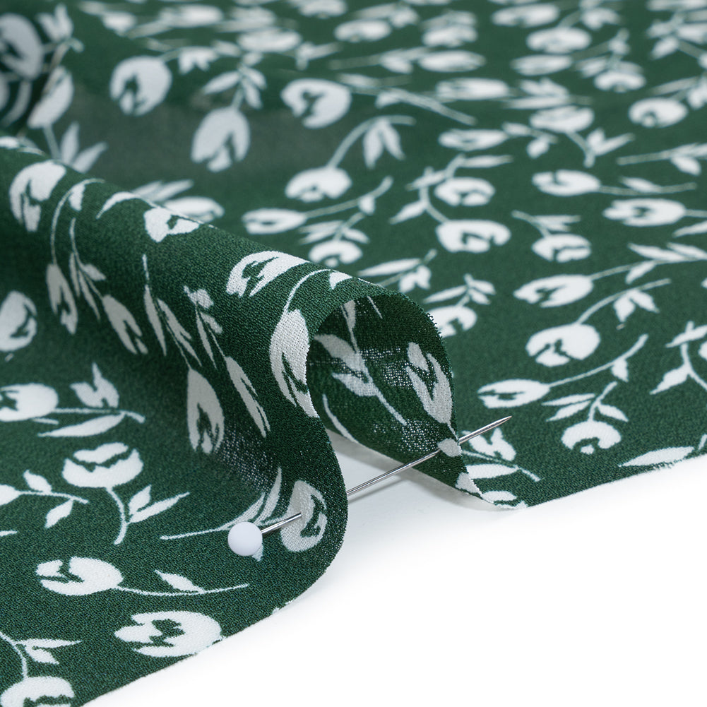 Viscose Georgette Print by The Reformation - Forest Green and White Tulip Floral Illustration - Deadstock - Detail