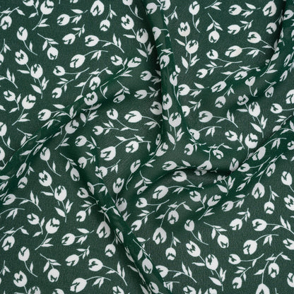 Viscose Georgette Print by The Reformation - Forest Green and White Tulip Floral Illustration - Deadstock