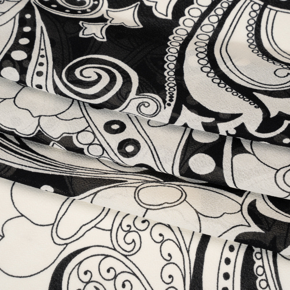 Viscose Georgette Print - Black and Light Cream Abstract Paisley - Designer Deadstock - Folded