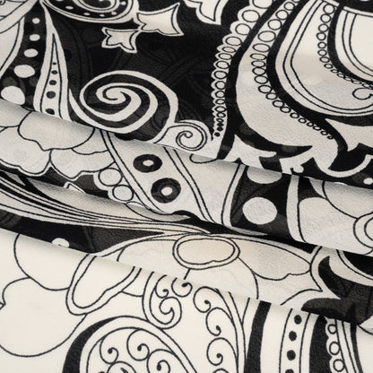 Viscose Georgette Print - Black and Light Cream Abstract Paisley - Designer Deadstock