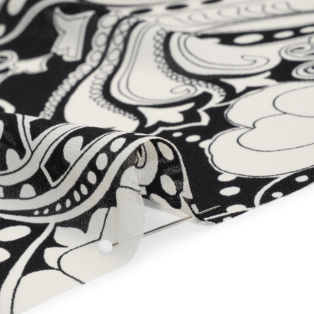 Viscose Georgette Print - Black and Light Cream Abstract Paisley - Designer Deadstock - Detail