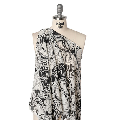 Viscose Georgette Print - Black and Light Cream Abstract Paisley - Designer Deadstock