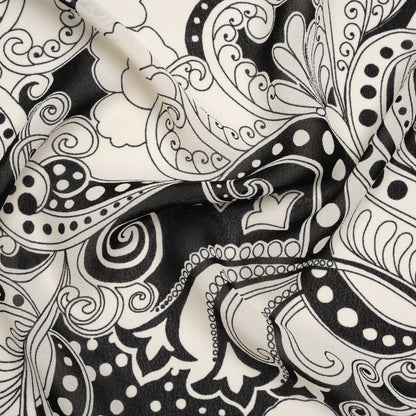 Viscose Georgette Print - Black and Light Cream Abstract Paisley - Designer Deadstock